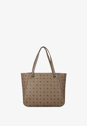 Borsa tote beige con un motivo testurizzato, due manici per la spalla e finiture in tonalità argento. Presenta una forma angolare e un dettaglio del logo in rilievo.
