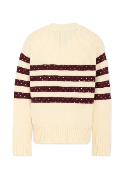 Maglione color crema con righe orizzontali color bordeaux. Presenta una texture a coste e un colletto rotondo. Decorato con piccole paillettes allineate con le righe.