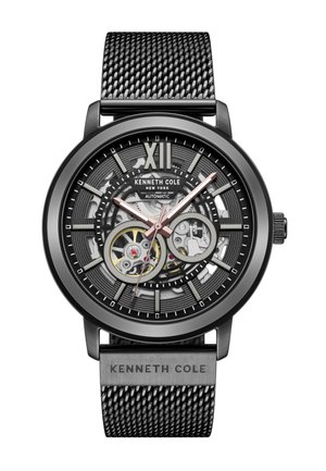 Orologio automatico con cinturino in acciaio inossidabile nero a rete, design con fondo aperto, quadrante nero e grigio, finiture in oro rosa e grandi indicatori delle ore.