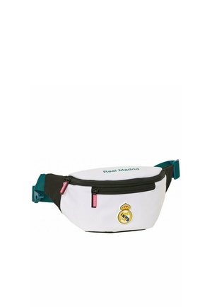Banane blanche et noire du Real Madrid avec deux compartiments zippés et des bretelles vertes ajustables.