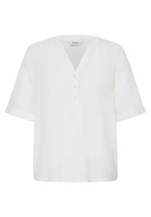 White short-sleeve blouse with a V-neck and three buttons, loose fit, and cuffed sleeves, displayed on a plain background.