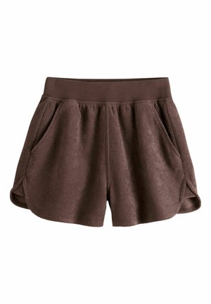 Brown fleece shorts with wide elastic waistband, side pockets, and curved hem on both legs.