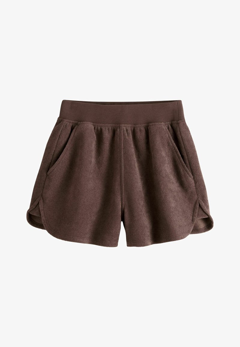 Shorts en polaire marron avec taille élastique large, poches latérales et ourlet incurvé aux deux jambes.