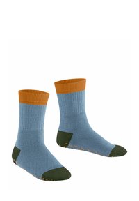 Chaussettes en mélange de coton avec un revers orange foncé, un corps bleu clair, un orteil et un talon vert foncé, et un motif orange sur la semelle.