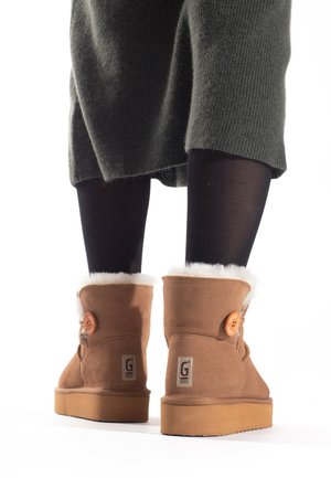 Brown suede ankle boots with white faux fur lining, featuring a side button detail and a flat rubber sole. Black tights and a dark green skirt visible.