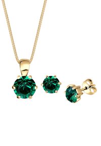 Collana d'oro con pendente rotondo in smeraldo verde e orecchini a perno coordinati, caratterizzati da montature a sei griffe e un design della catena liscia.