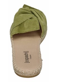 Green suede espadrille slide with twisted upper design, natural jute sole, and beige insole featuring the brand name printed.