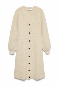 Krämbask ribbad stickad cardigan klänning med V-ringning, långa puffärmar och svarta knappar framtill.