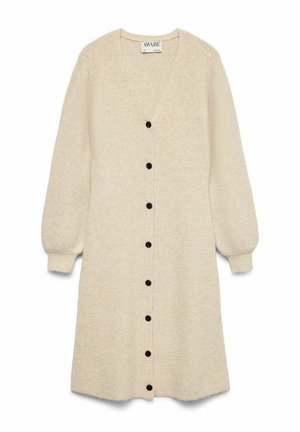 Robe cardigan en tricot côtelé crème avec un décolleté en V, de longues manches bouffantes et des boutons noirs sur le devant.