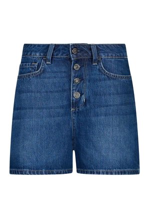 Shorts en denim bleu taille haute avec fermeture à boutons à l'avant, passants pour ceinture, et poches avant et arrière.
