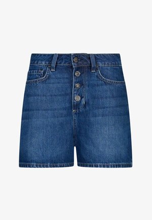 Blauwe high-waist denimshorts met knoopsluiting aan de voorkant, riemlussen en voor- en achterzakken.