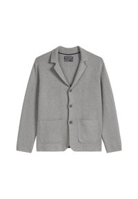 Grauer Cardigan aus weichem Material, mit Reverskragen, drei Knöpfen und zwei vorderen Taschen für zusätzliche Details und Funktionalität.
