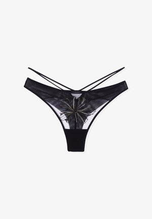 Perizoma nero realizzato in rete e tessuto opaco, con un design floreale in nero e dettagli dorati nella parte anteriore.