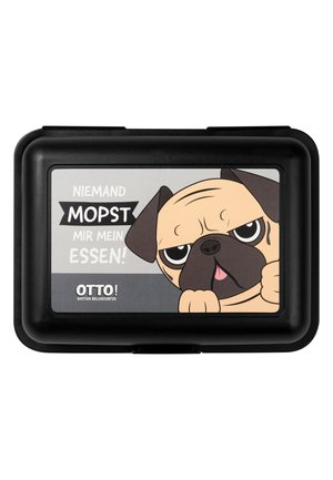Schwarzer Lebensmittelbehälter mit einem Cartoon-Pug-Graphic. Der Text sagt "NIEMAND MOPST MIR MEIN ESSEN!" und das Logo "OTTO! BASTIAN BIELENDORFER."