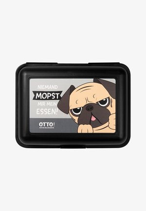 Schwarzer Lebensmittelbehälter mit einem Cartoon-Pug-Graphic. Der Text sagt "NIEMAND MOPST MIR MEIN ESSEN!" und das Logo "OTTO! BASTIAN BIELENDORFER."