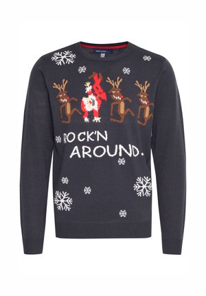 Mörkgrå stickad tröja med röda och bruna renar, snöflingor och texten "ROCK’N AROUND." Texturerad yta med festlig design.