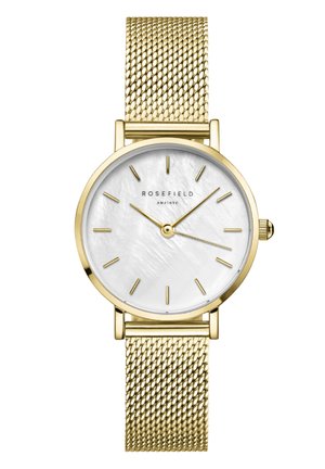 Montre avec bracelet en maillon doré, boîtier rond, cadran en nacre blanche, fines index horaires dorés et couronne pour régler l'heure.