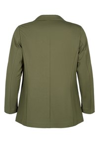 Blazer verde oliva, design su misura con colletto, maniche lunghe e una texture liscia. Dettagli delle cuciture visibili sul retro.