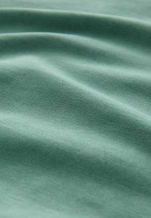 Textilstoff in einem hellgrünen Farbton, der eine glatte Textur mit sanften, fließenden Falten aufweist. Gleichmäßiges, konsistentes Webmuster durchgehend.