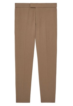 Pantaloni beige a gamba dritta con vita alta, piega frontale, tasche laterali e chiusura anteriore nascosta, mostrati su sfondo bianco.
