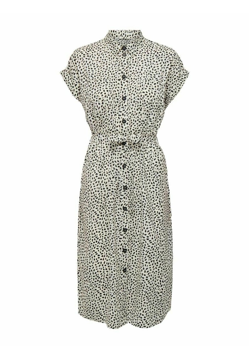 Knappar klänning i lättviktig tyg med krämig botten och svart prickig mönster. Korta ärmar, midjeband och knälång skärning.