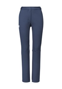 Granatowe, dopasowane spodnie z guzikami i małym białym logo na lewej udzie, zaprojektowane do aktywności fizycznej.