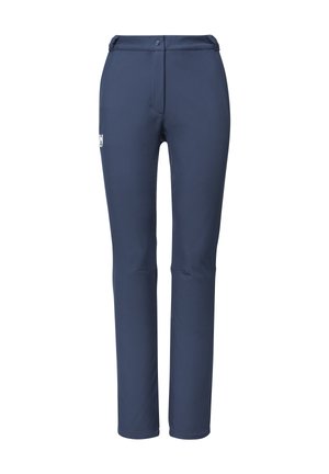 Marineblaue Slim-Fit-Hosen mit einem Knopfverschluss und einem kleinen weißen Logo am linken Oberschenkel, die für aktive Freizeitbekleidung entworfen sind.