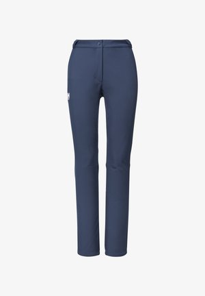 Navy blue slim-fit trousers with a button closure and a small white logo on the left thigh, designed for active wear.