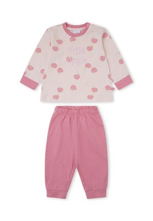 Conjunto de pijama para bebé con camiseta de manga larga en rosa claro con estampados de manzanas rosas y texto "little apple", combinado con pantalones rosas sólidos con cintura elástica.