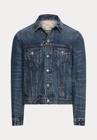 Blaue Jeansjacke mit Knopfleiste vorne, Brusttaschen mit Klappe, Seitentaschen und Kragen, mit verblassten und abgenutzten Details.