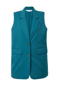 Blazer sin mangas en color azul verdoso, hecho de una tela suave, con cuello con muesca, dos bolsillos frontales y dos botones marrones.