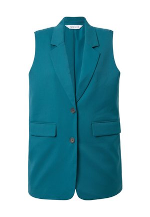 Teal sleeveless blazer valmistatud siledast kangast, millel on sakiline krae, kaks esist pocketit ja kaks pruunist nuppu.