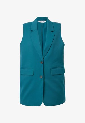 Teal sleeveless blazer made of smooth fabric, featuring a notched collar, two front pockets, and two brown buttons.
