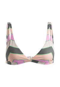 Driehoekige bikini top van textuurstof met een geometrisch patroon in grijs, roze en groen. Verstelbare bandjes en haaksluiting.