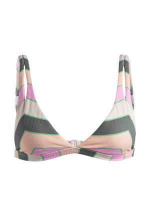 Triangelbikiniöverdel i texturerat tyg med ett geometriskt mönster i grå, rosa och gröna färger. Justerbara axelband och spänne.
