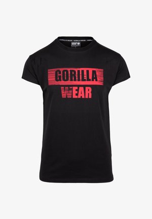 Zwarte katoenen T-shirt met een gedurfde rode grafische print die "GORILLA WEAR" op de voorkant leest. Korte mouwen en een ronde hals ronden het ontwerp af.