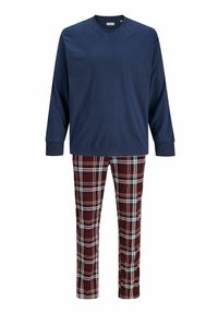 Haut à manches longues bleu marine avec col rond, associé à un pantalon de pyjama à carreaux dans des tons de bourgogne, crème et bleu marine, fabriqué en tissu doux.