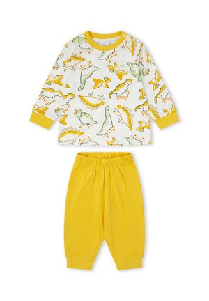 Camiseta blanca de manga larga para niño pequeño con puños amarillos y dinosaurios sobre patinetes, combinada con pantalones amarillos lisos con cintura elástica.