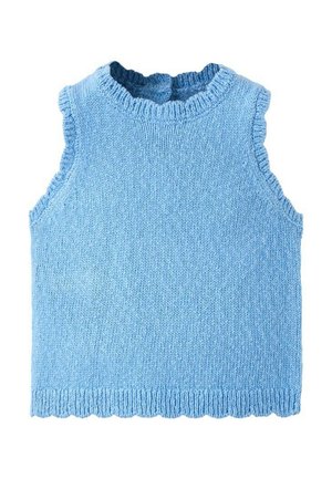 Veste sans manches tricotée bleu clair avec col rond, emmanchures et ourlet côtelés, posée à plat sur un fond blanc.