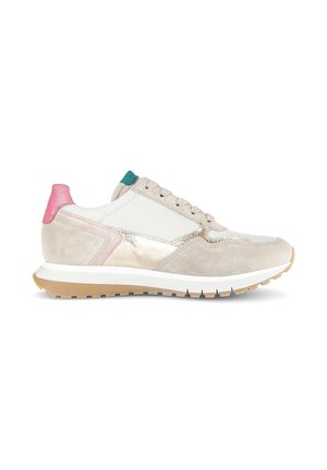 Beiger und weißer Sneaker mit rosa, goldenen und türkisfarbenen Akzenten, strukturiertem Mesh, Wildledereinsätzen und einer Gummisohle mit Profil.