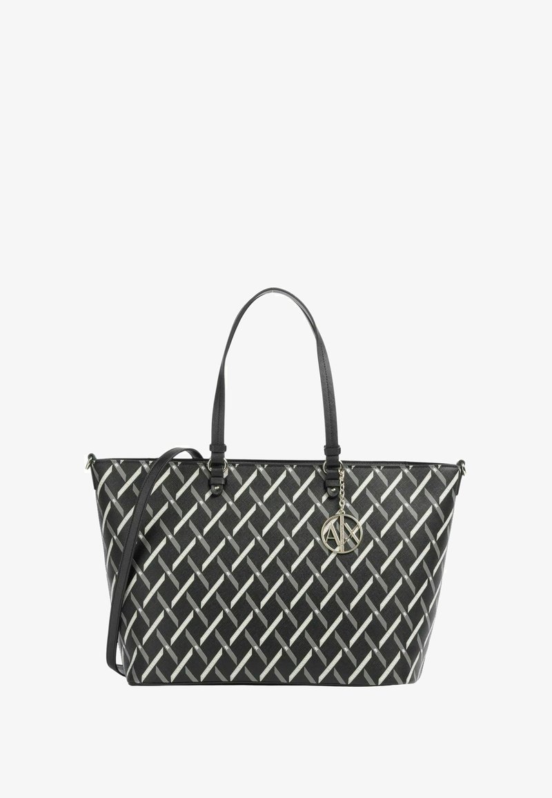 Grand sac fourre-tout noir avec un motif tissé en argent, anses en cuir, poche intérieure et un charm en forme de logo circulaire.