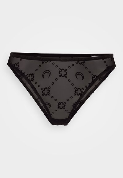 Black bikini bottom with sheer fabric featuring a floral and crescent moon pattern, trimmed with lace around the waist and leg openings.