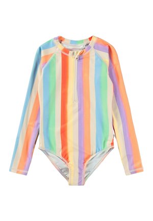 Jednoczęściowy kostium kąpielowy z długim rękawem w wielokolorowe paski: brzoskwiniowy, zielony, lawendowy i niebieski. Posiada zamek błyskawiczny z przodu i gładką teksturę materiału.