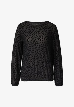 Zwarte longsleeve top met een ronde halslijn, voorzien van een textuur van luipaardprint met verhoogde zwarte kralenaccenten overal.