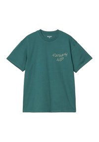 Camiseta de algodón en color azul petróleo con mangas cortas, cuello redondo, que presenta el texto blanco "Carhartt WIP" en la parte superior izquierda. Diseño simple, ajuste relajado.
