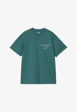 Camiseta de algodón en color azul petróleo con mangas cortas, cuello redondo, que presenta el texto blanco "Carhartt WIP" en la parte superior izquierda. Diseño simple, ajuste relajado.