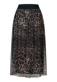 Maxi rok met een zwarte elastische tailleband, voorzien van een doorschijnende stof met luipaardprint in bruin- en zwarttinten. Zachte textuur; vloeiende ontwerp.
