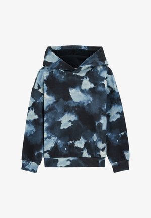 Kapuce džemperis tumši zilā un gaiši zilā mākoņu rakstā, izgatavots no mīksta auduma ar brīvu piegriezumu un ribotām aprocēm un apakšmala.