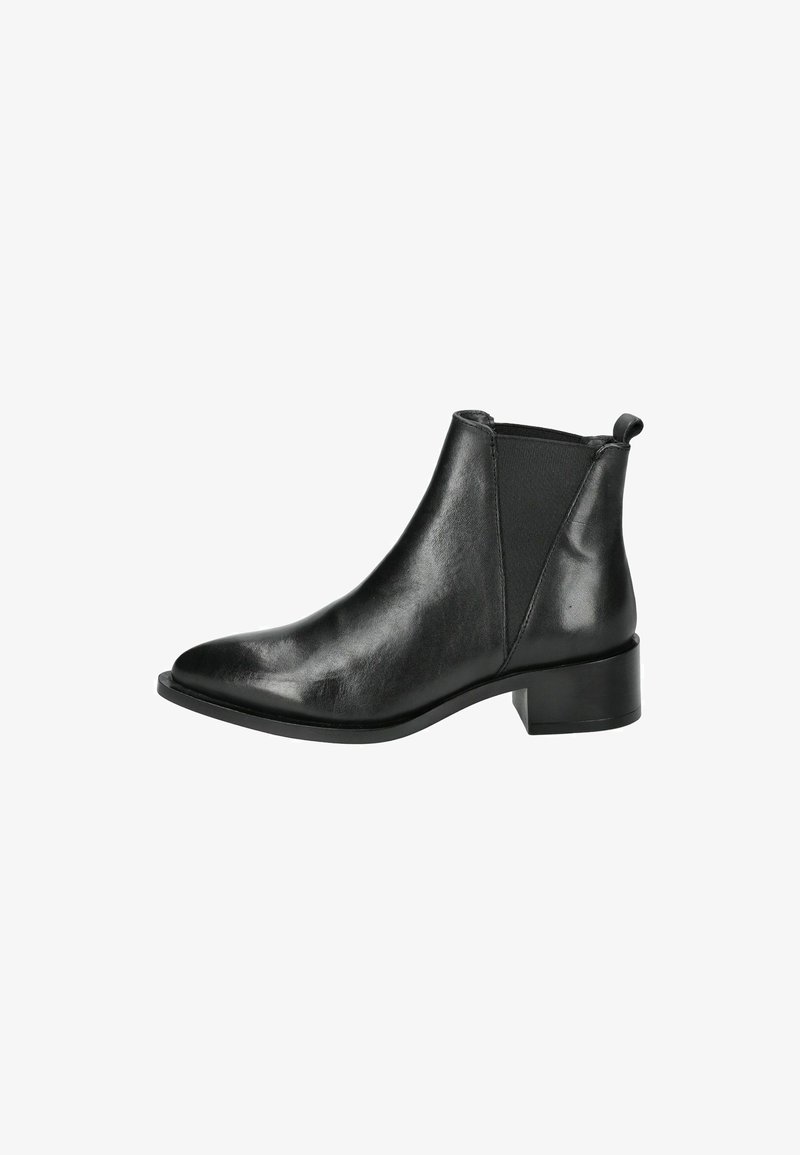 Bottines en cuir noir avec une finition lisse, des panneaux latéraux élastiques et un petit talon bloc. Design à bout rond pour une apparence élégante.