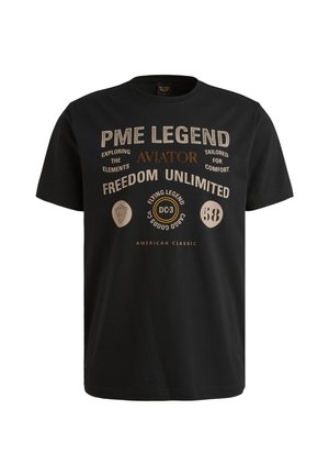 T-shirt noir en coton avec un texte audacieux en blanc et or, des graphiques sur le thème de l'aviation, un col rond et des manches courtes.